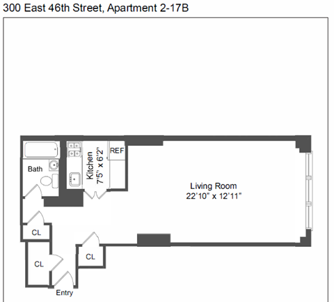 Floor plan for studio, 1 bath, 563 sqft